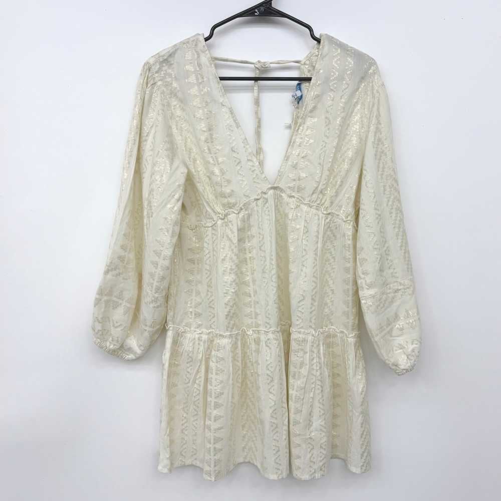 NWT Blue Island Beach Cream Gold Metallic Boho Tiered Mini Dress Small‎